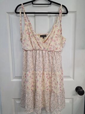 Almost Famous Cream Floral Smocked Sundress with Pink Blossoms